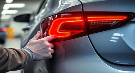 Mano señalando el piloto trasero LED de un coche gris en un taller, mostrando el estado y diseño del grupo óptico trasero para su revisión o sustitución.